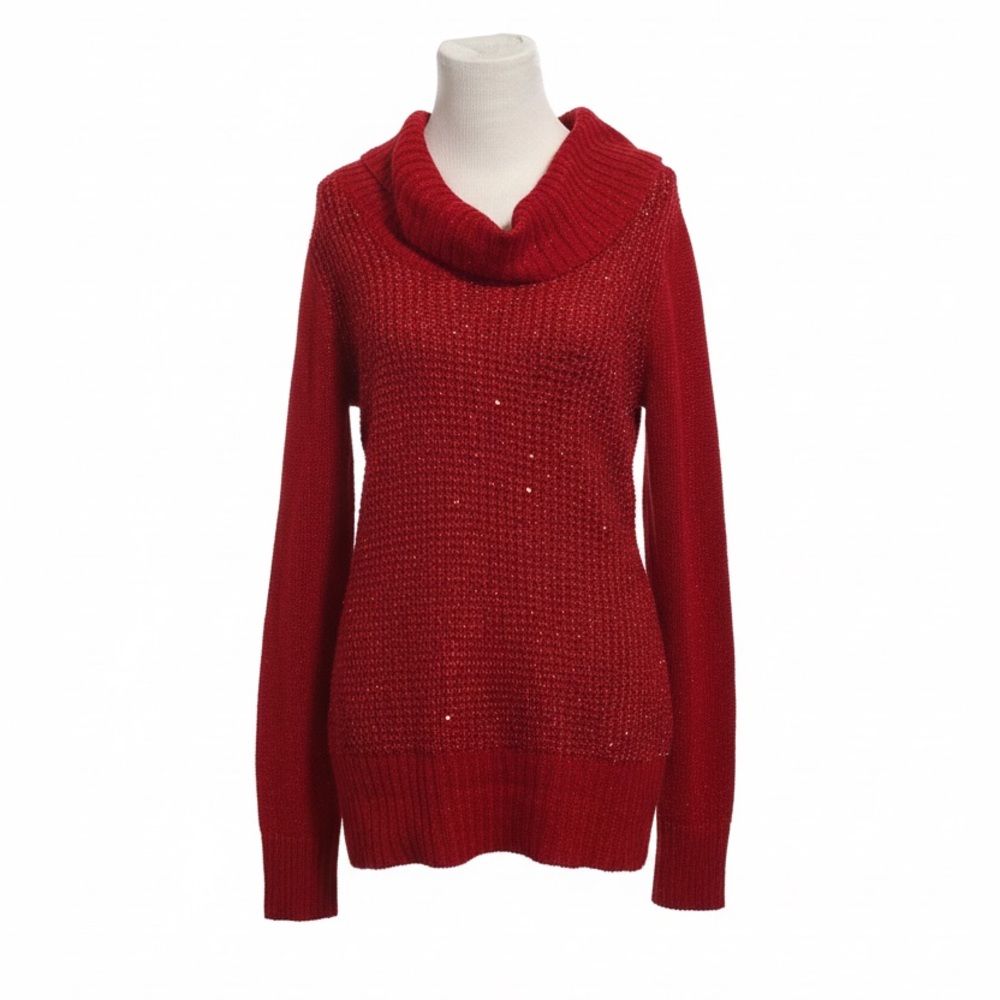 By & By Size Large Red Cowl Neck Knit Red Sparkle Acrylic Polyester Sweater